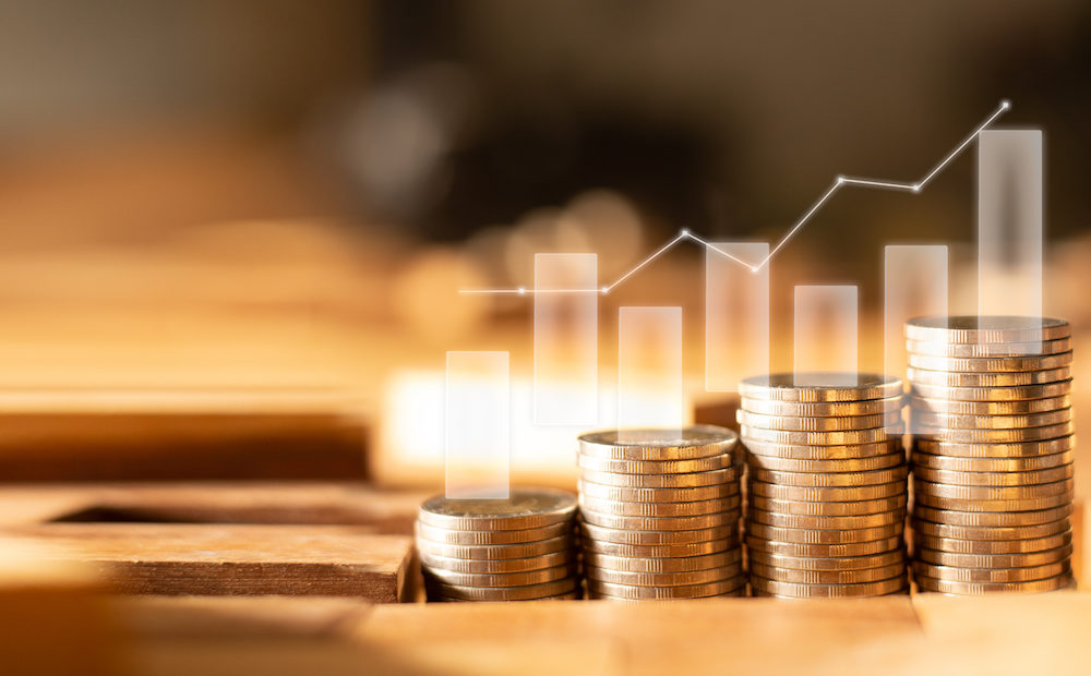 Stock funding or money saving graph with coins. Background for business ideas and design. Chart for financial investment concept